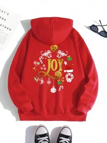 SHEIN Unity 聖誕圖案加絨內裏連帽衫 - 紅色 - 查看 1