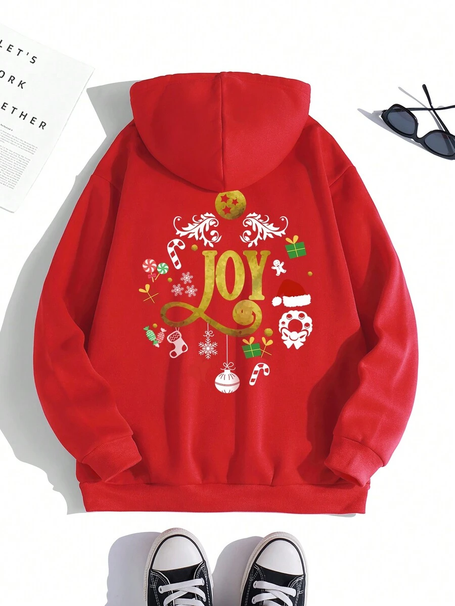 SHEIN Unity 聖誕圖案加絨內裏連帽衫 - 紅色 - 查看 1