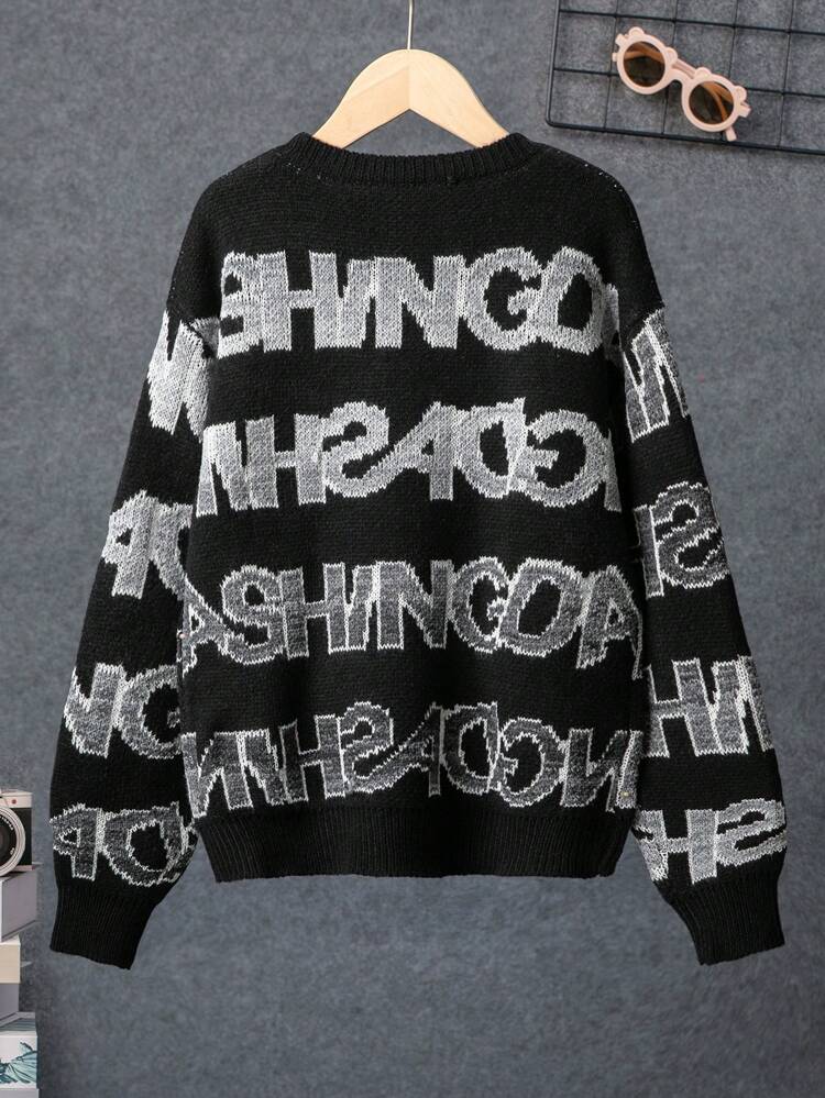 Teen Boy Letter Pattern Drop Shoulder Sweater