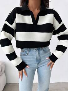 EURMUSE Striped Pattern Drop Shoulder Sweater - Black - View 3