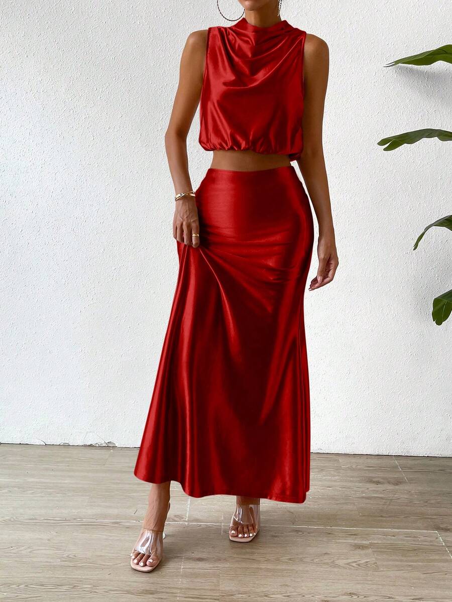 SHEIN Privé Pile Heap Collar Crop Tank Top & Skirt SHEIN Singapore