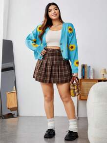 SHEIN EZwear Plus Sunflower Pattern Drop Shoulder Cardigan - Blue - View 6