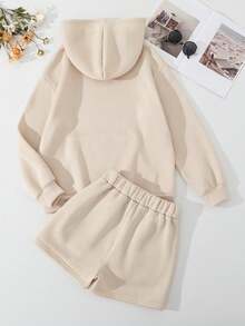SHEIN Unity 字母圖案袋鼠口袋抽繩保暖連帽衫&短褲 - 米色 - 查看 2
