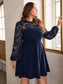 SHEIN Clasi 大碼蕾絲拼接燈籠袖洋裝 - 藏蓝色 - 查看 5