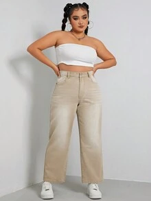 SHEIN EZwear 大碼高腰直筒牛仔褲 - 卡其色 - 查看 5