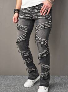 Manfinity EMRG 男士破洞抽鬚緊身牛仔褲 - 黑與白 - 查看 1
