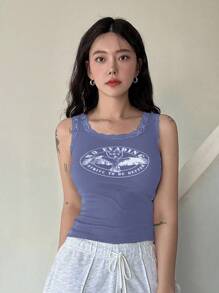 DAZY Đồ họa đại bàng và chữ cái Trang trí ren Áo ba lỗ - Màu xanh nhạt - Xem 3