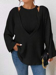 SHEIN Frenchy Plus 純色粒面布料落肩 T 恤和短上衣 - 黑色 - 查看 1