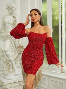 Missord 一字肩燈籠袖亮片緊身洋裝 - 紅色 - 查看 1