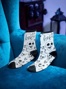 Corpse Bride | ROMWE 雙裝女式字母骷髏圖案圓襪 - 黑與白 - 查看 8