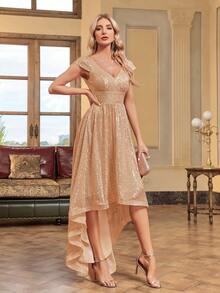 XUIBOL High Low Hem Sequin Formal Dress - Gold - View 7