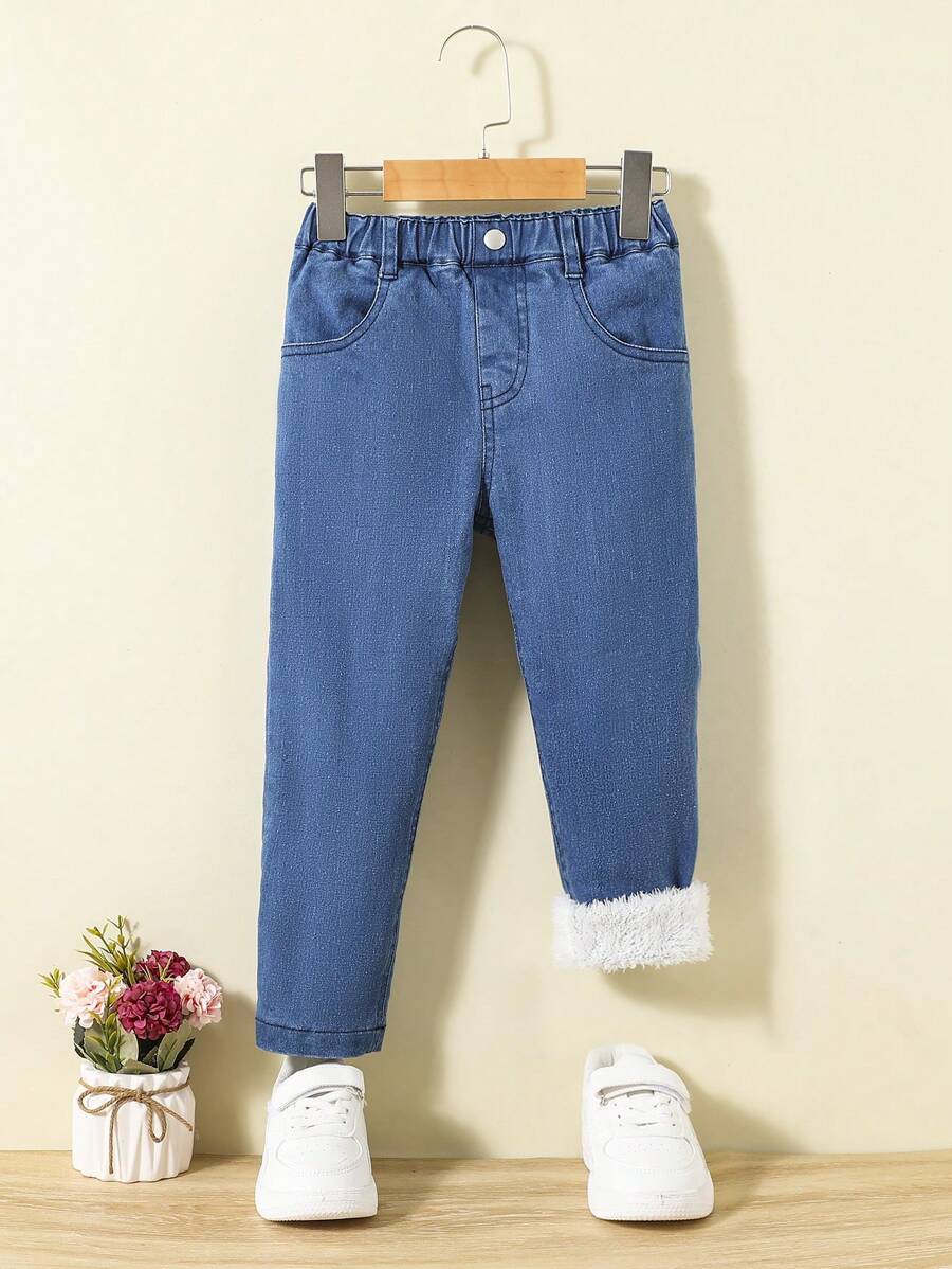 SHEIN Cô Gái Trẻ Túi nghiêng Lót Teddy Quần jean - Rửa trung bình - Xem 1