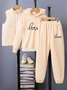 SHEIN Tween Girl 1pc Letter Graphic Hoodie & 1pc Sweatpants & Vest Padded Coat