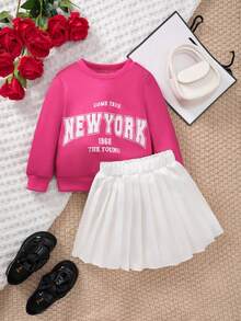 SHEIN 女小童字母圖案運動衫&百褶半身裙 - 玫紅色 - 查看 8