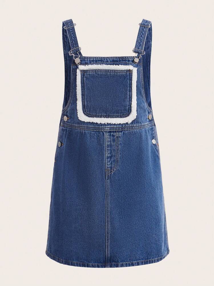 Contrast Teddy Trim Pocket Front Denim Overall Dress