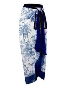 SHEIN Swim Curve Plus Tropical Print Tie Side Cover Up Skirt - Blue - View 1