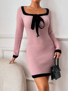 Celisse 休閒拼接細邊 前綁帶蝴蝶結撞色女士毛衣連衣裙 - 粉色 - 查看 7