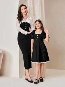 SHEIN Tween Girl 1pc Contrast Lace Puff Sleeve Button Front Dress - Black and White - View 2
