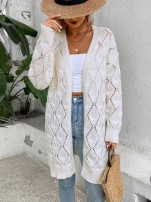 SHEIN VCAY Pointelle Knit Drop Shoulder Cardigan - Apricot - View 1