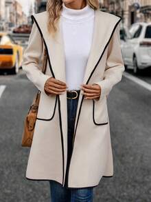 EMERY ROSE 撞色滾邊連帽腰帶花呢外套 - 杏色 - 查看 3