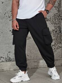 Manfinity Men's Plus Size Loose Fit Cargo Pants With Flap Pockets And Drawstring Waist - Black - View 3