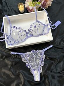 Floral Embroidery Mesh Underwire Sexy Bra & Panty Lingerie Set Without Liner - Lilac Purple - View 1