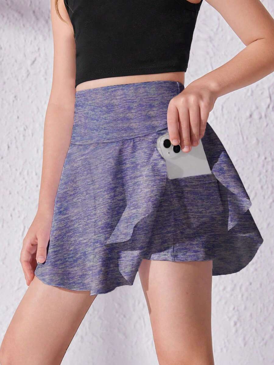 SHEIN Tween Girl Phone Pocket Detail Ruffle Hem Active Skirt - Purple - View 1