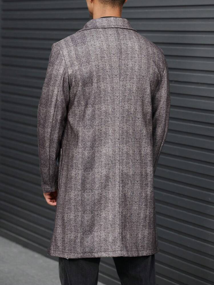 Men Herringbone Pattern Double Breasted Overcoat