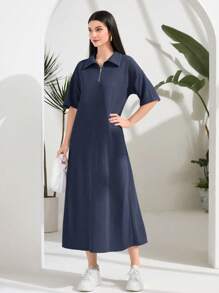 Seusyu 半拉链落肩阿拉伯连衣裙，端庄 - 藏蓝色 - 查看 1