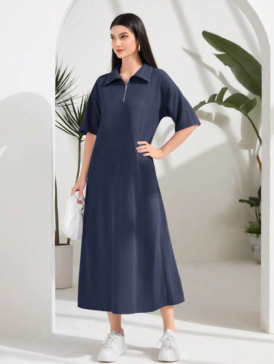Seusyu 半拉链落肩阿拉伯连衣裙，端庄 - 藏蓝色 - 查看 1