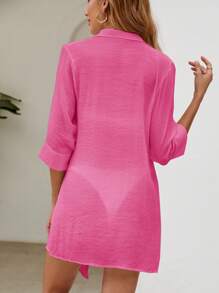 Swim Vcay Summer Beach Solid Button Front Kimono - Hot Pink - View 3