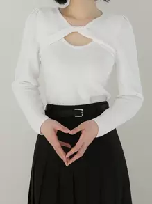 DAZY Unifarben Twist-Ausschnitt Ausschnitt Puffärmel Pullover Herbst - Weiss - Übersicht 5