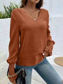 SHEIN Clasi 素色V領燈籠袖襯衫 - 咖啡棕 - 查看 6