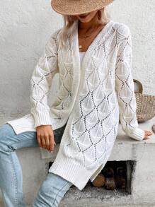 SHEIN VCAY Pointelle Knit Drop Shoulder Cardigan - Apricot - View 6