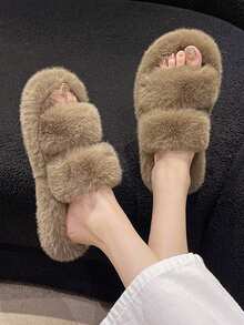 冬天濃烈香調韓語風格毛茸茸拖鞋,可愛簡單休閒室內戶外女性屋拖鞋 - 卡其色 - 查看 2