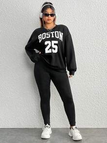 SHEIN EZwear Plus Letter Graphic Drop Shoulder Sweatshirt & Leggings - Black - View 3