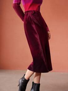 MOTF PREMIUM 絲絨中長半身裙不附腰帶 - 酒紅色 - 查看 3