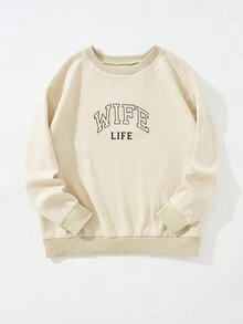 Flirla Hơn Đồ họa Chữ cái Lót nhiệt Áo nỉ - Màu Khaki - Xem 3