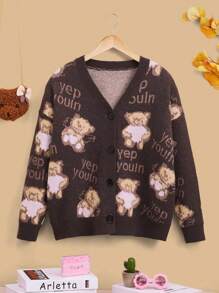 SHEIN EZwear Bear & Letter Pattern Drop Shoulder Cardigan - Coffee Brown - View 1