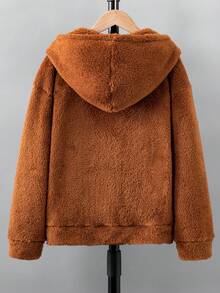 男大童字母貼布落肩袖連帽絨毛外套不帶T恤 - 棕色 - 查看 2