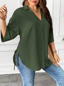 Calvaya Talla grande Camisa unicolor de hombros caídos con nudo bajo curvo - Verde militar - Ver 4