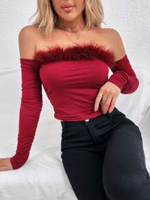 Chiquease Top Court Col Bardot À Ourlet Duveteux À Ruché