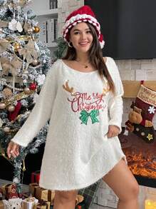 SHEIN Essnce Plus Christmas Print Drop Shoulder Flannel Dress - White - View 3