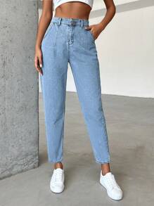 EURMUSE 女士纯棉休闲高腰妈妈款牛仔裤