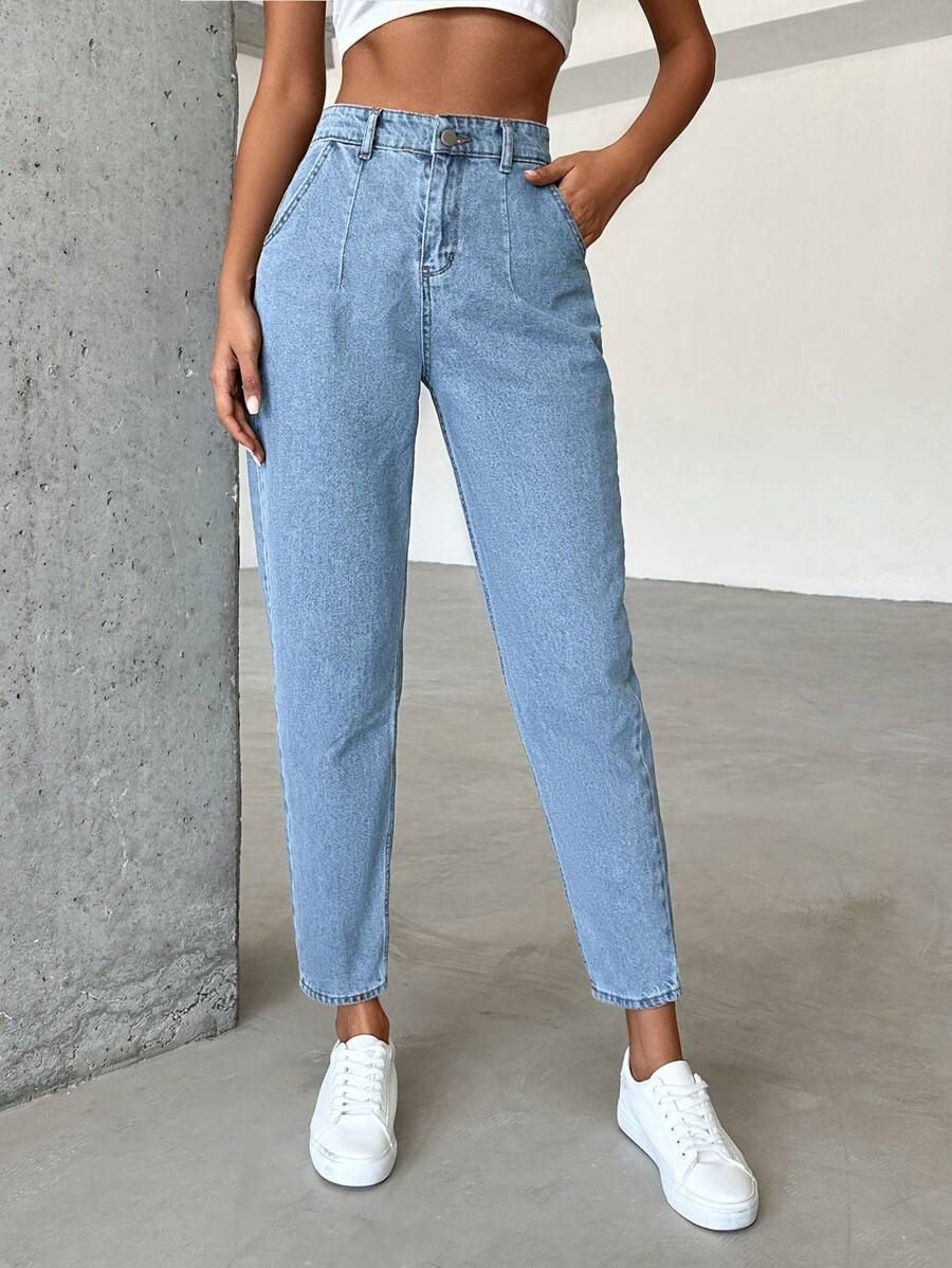 EURMUSE 女士纯棉休闲高腰妈妈款牛仔裤