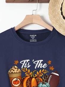 SHEIN LUNE Plus Food And Slogan Graphic Tee - Navy Blue - View 4