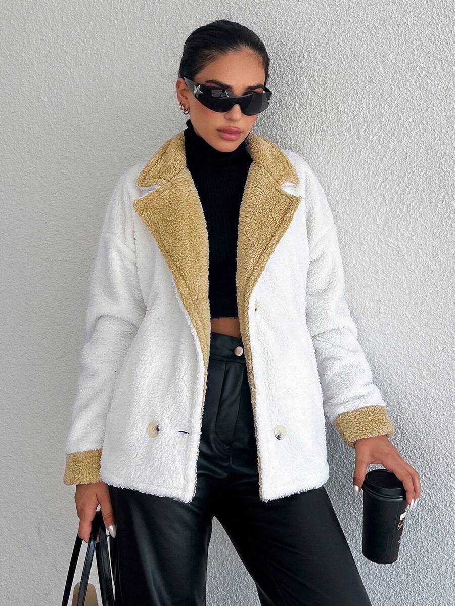 EURMUSE Contrast Trim Double Breasted Drop Shoulder Fleece Coat - Beige - View 1