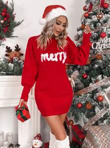 Chiquease 字母圖案落肩袖毛衣洋裝 - 紅白色 - 查看 5