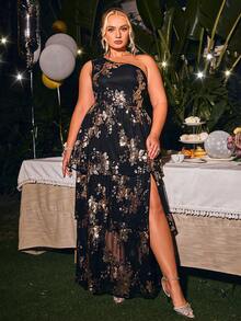 Glamaker Plus One Shoulder Split Thigh Sequin Cocktail Dress - Black - View 3