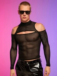 FeverCity 男士挖肩鏤空網紗T恤 - 黑色 - 查看 1